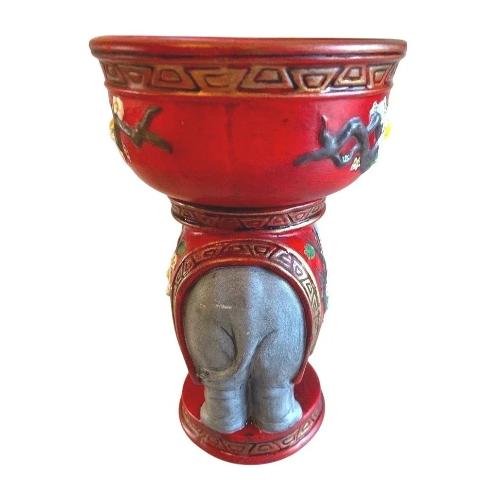 Vintage Ceramic Elephant Planter Red Floral Decorative Tabletop Accent 1970s Pot